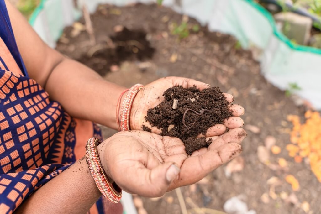 Hands holding healthy dark soil, representing sustainable and organic farming practices in managed farm models